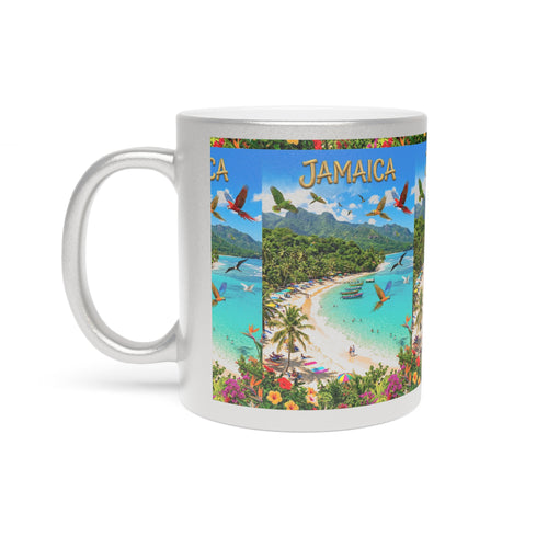 Jamaica Beachscape Metallic Mug — Silver/Gold Tropical Vacation Coffee Cup