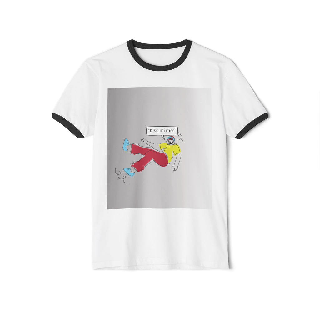 Ringer T-Shirt — Cartoon Skater Graphic “Kiss My Rass”