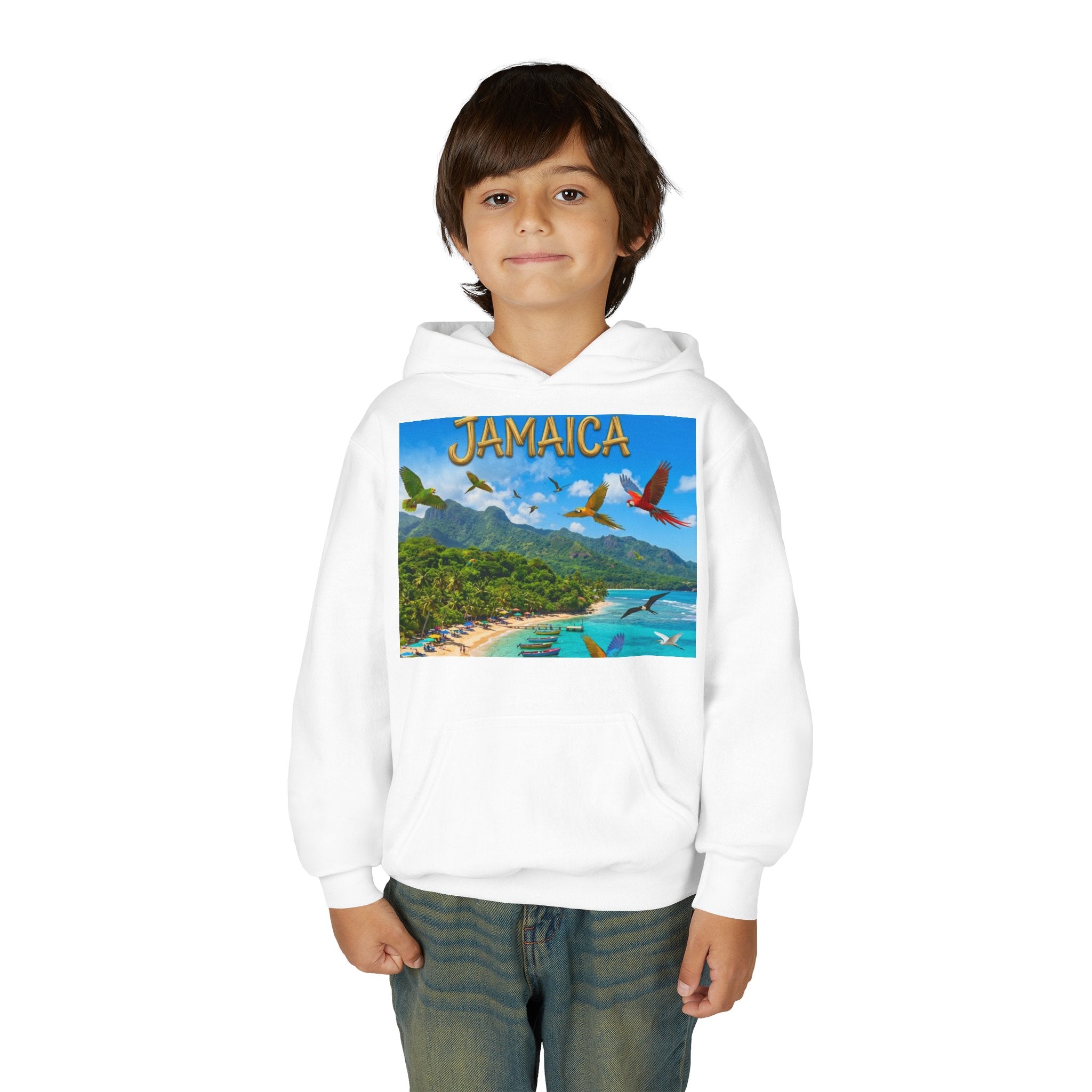 Jamaica Beach Scene Youth Hoodie | Tropical Parrots, Ocean Bay Print