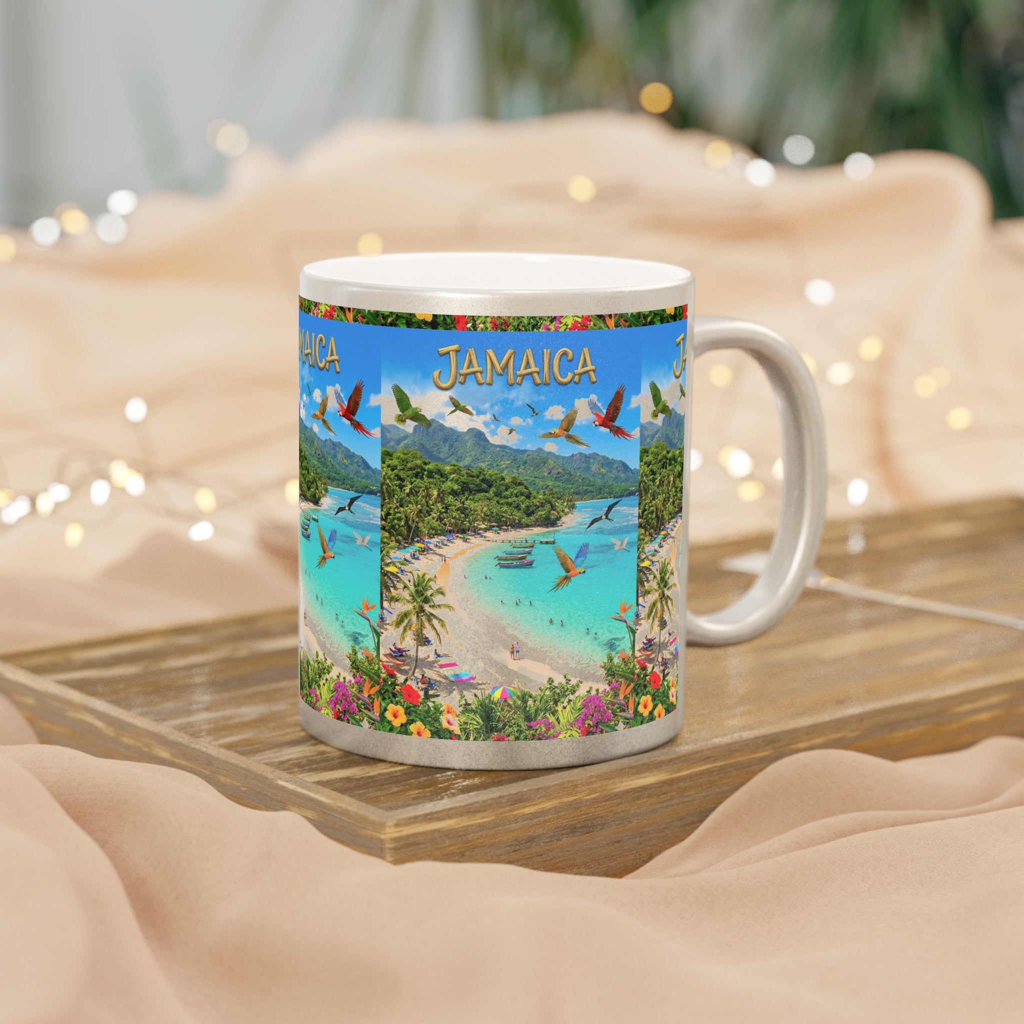 Jamaica Beachscape Metallic Mug — Silver/Gold Tropical Vacation Coffee Cup