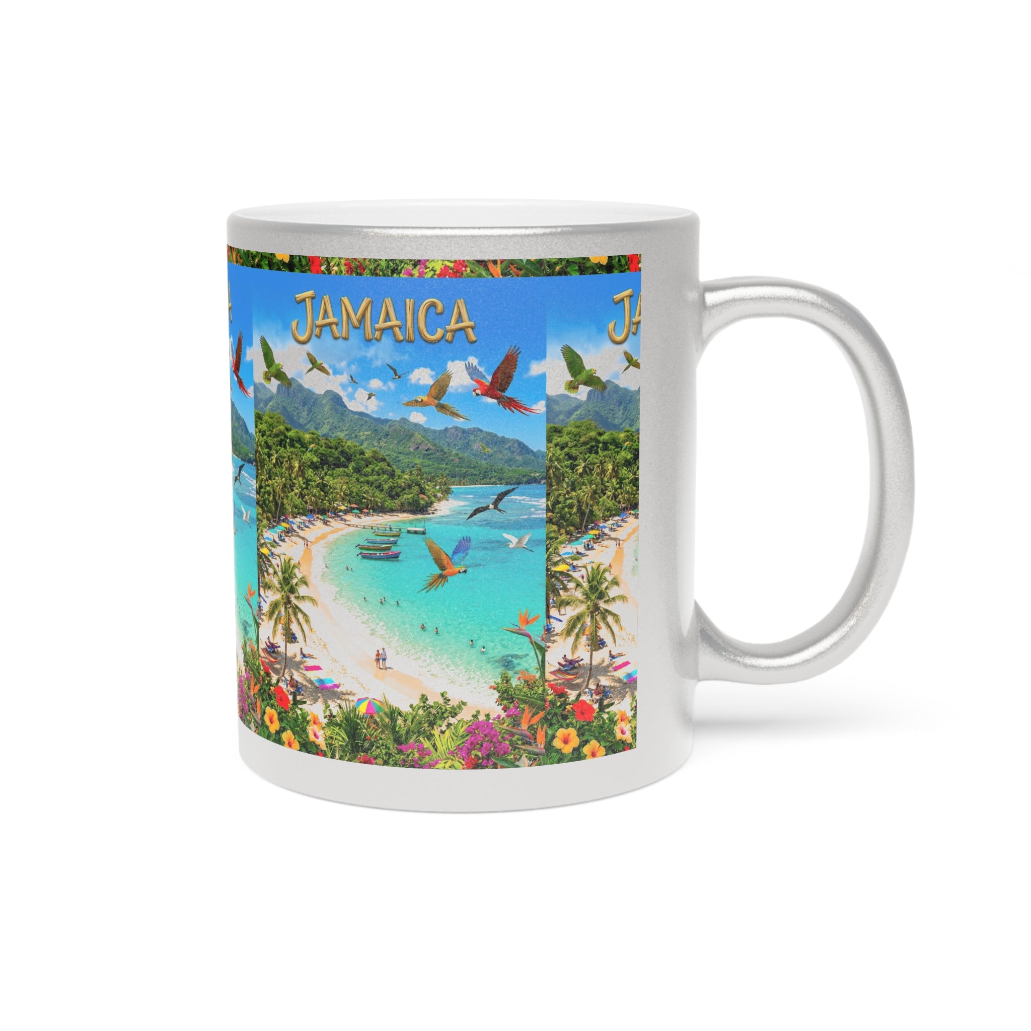 Jamaica Beachscape Metallic Mug — Silver/Gold Tropical Vacation Coffee Cup
