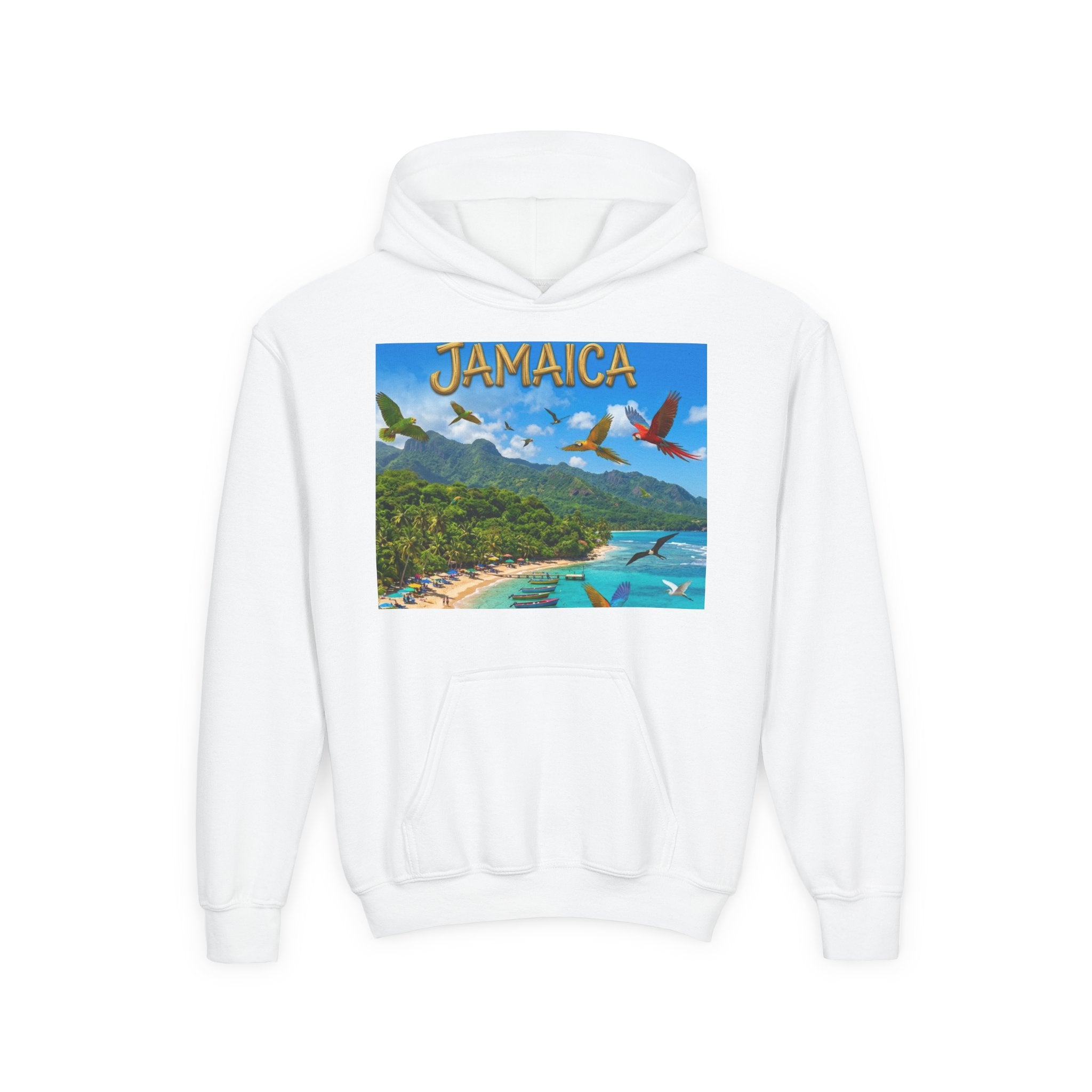 Jamaica Beach Scene Youth Hoodie | Tropical Parrots, Ocean Bay Print