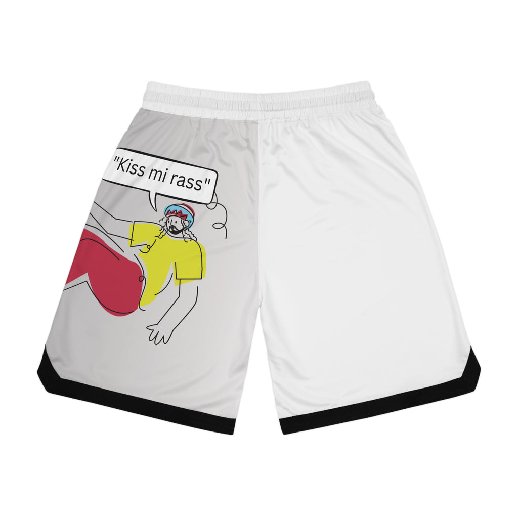Basketball Shorts — 'Kiss mi rass' Cartoon Graphic Ribbed Athletic Shorts