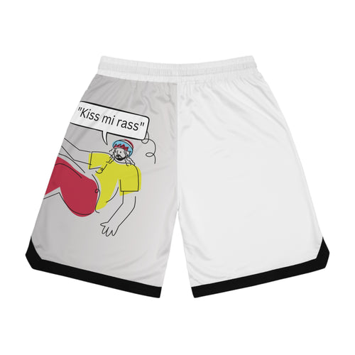 Basketball Shorts — 'Kiss mi rass' Cartoon Graphic Ribbed Athletic Shorts