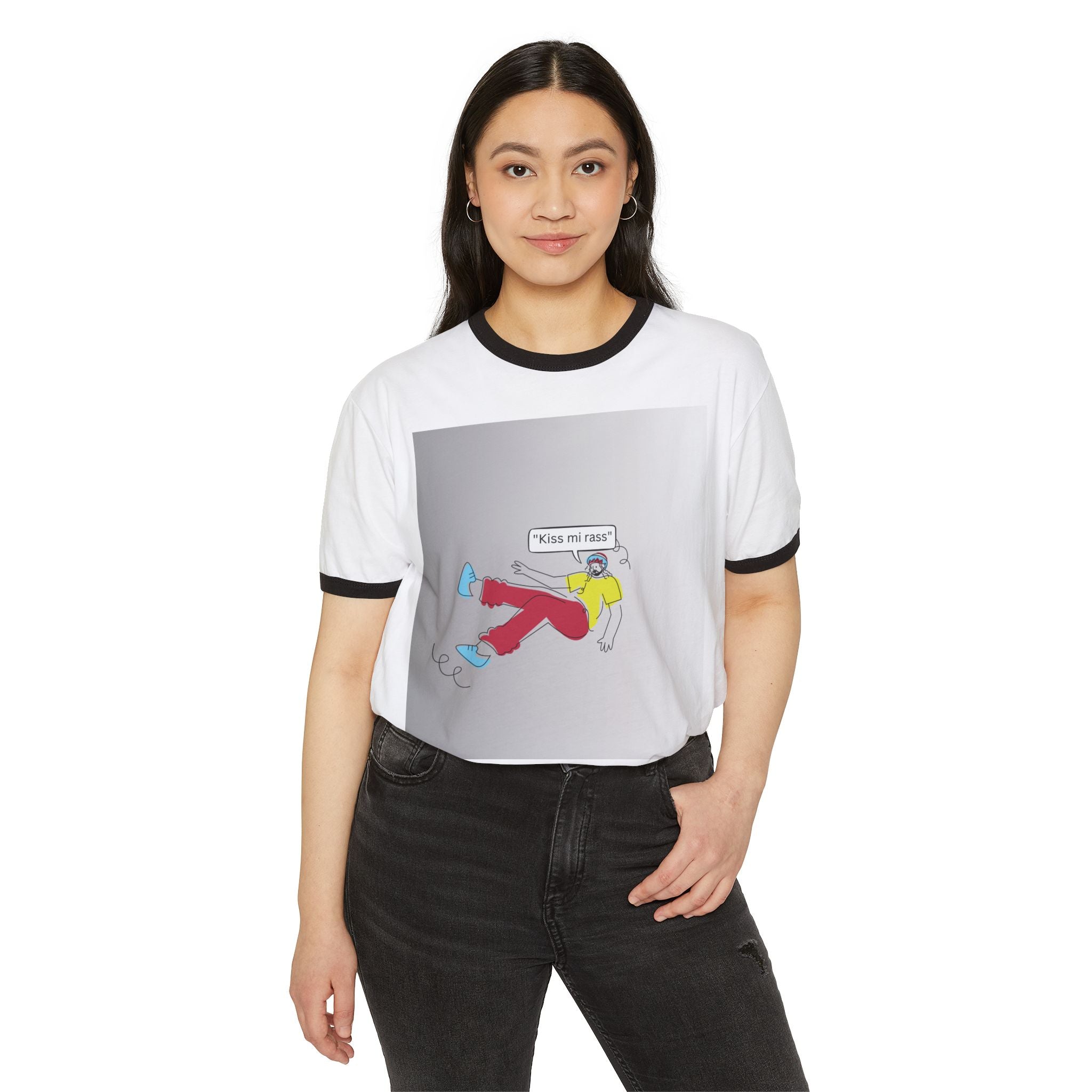 Ringer T-Shirt — Cartoon Skater Graphic “Kiss My Rass”