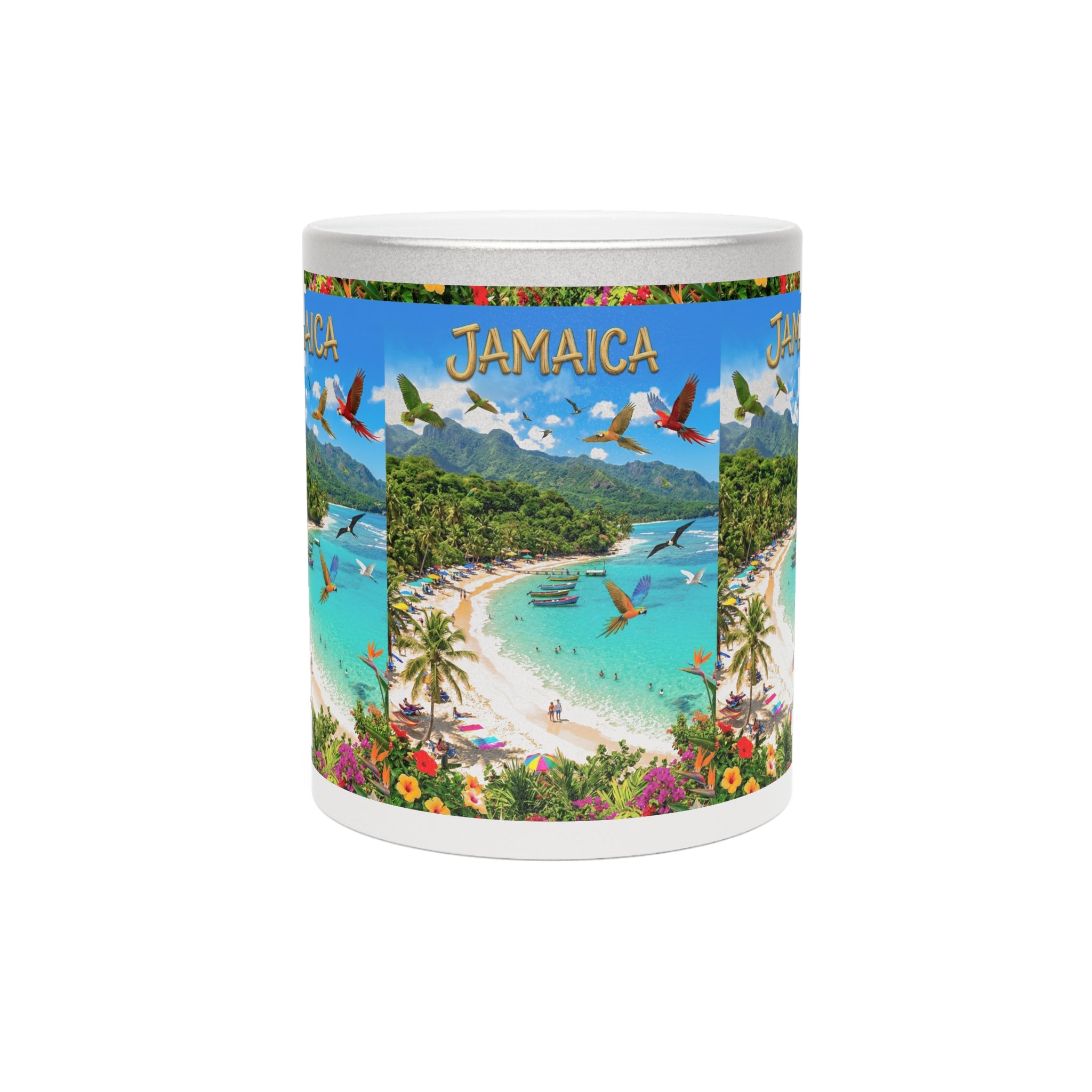 Jamaica Beachscape Metallic Mug — Silver/Gold Tropical Vacation Coffee Cup